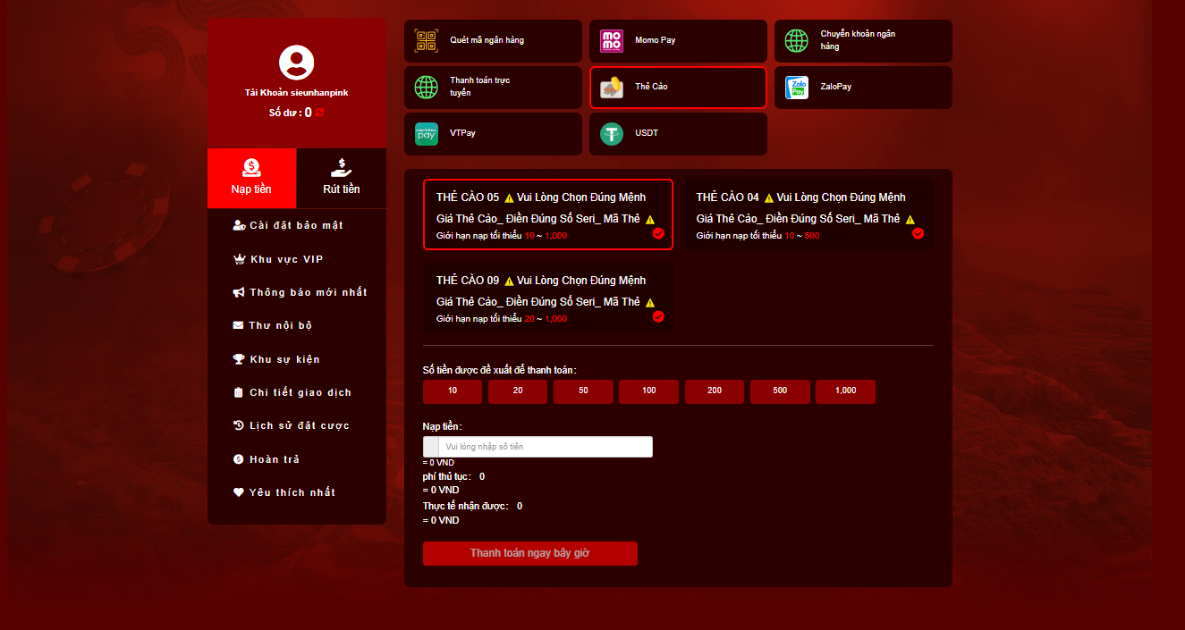 Hướng dẫn nạp tiền OKKING nhanh chóng, bảo mật tuyệt đối 4 Nạp tiền thông qua thẻ cào